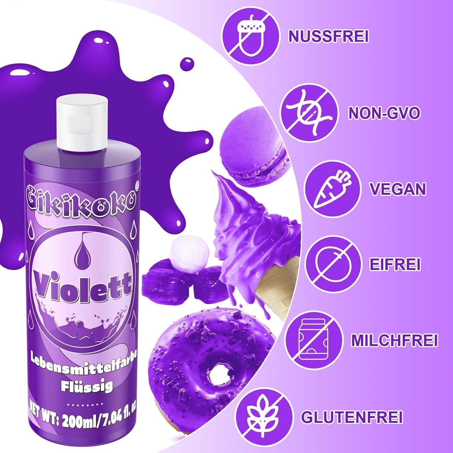 Colorant alimentar - Gikikoko 200ml colorant alimentar lichid, foarte concentrat, colorant alimentar pentru copt, macaroane, prăjituri, jeleu, fondant, prăjituri, slime DIY (violet)