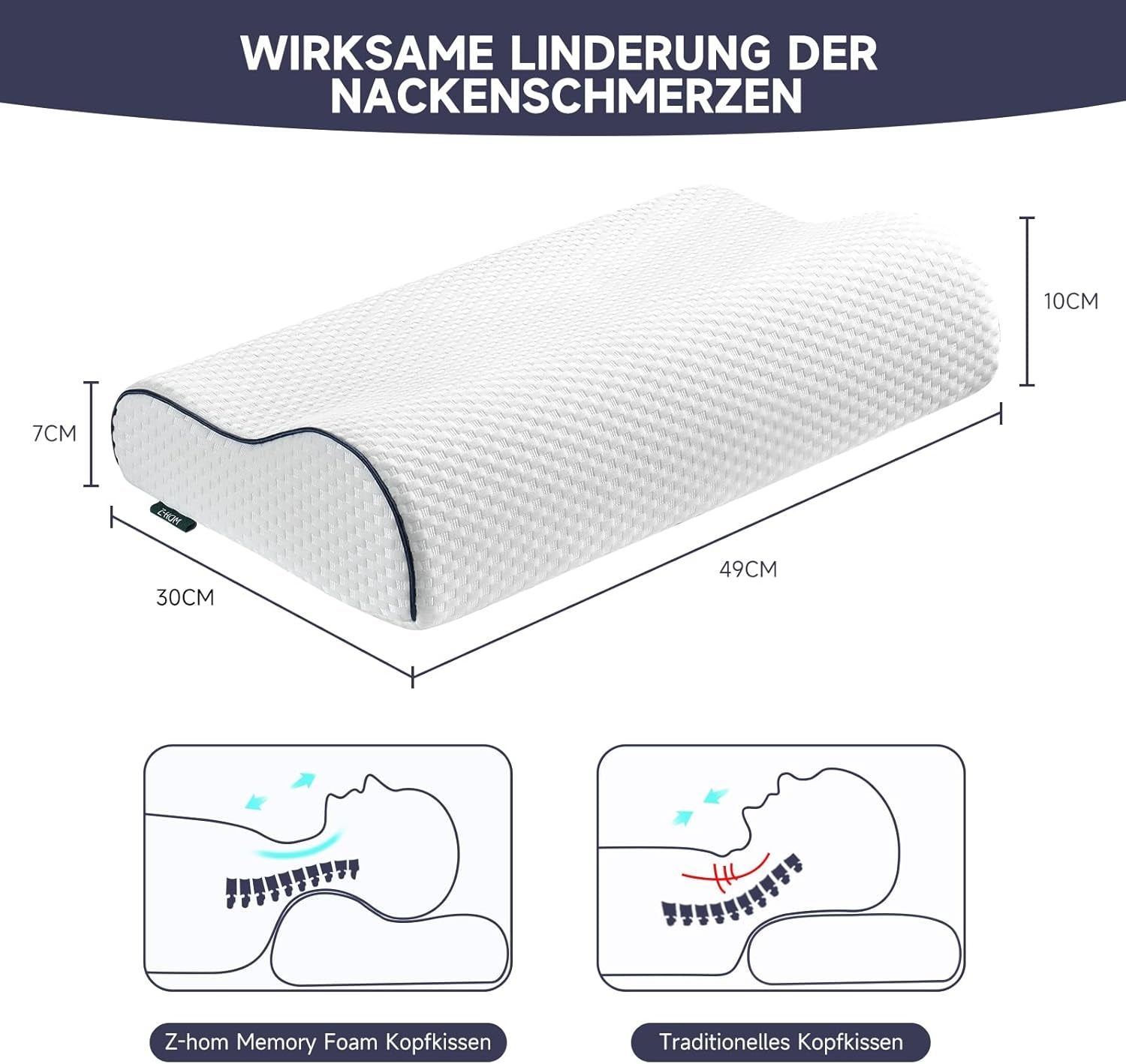 Z-Hom pernă de susținere a gâtului, pernă din spumă cu memorie, pernă pentru dormit lateral, pernă ergonomică, pernă anti sforăit, pernă ortopedică de dormit, husă detașabilă (49 X 30 X 7/10 Cm) Perne ortopedice cervicale Naty Shop