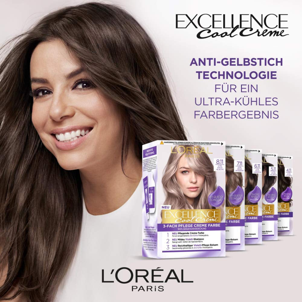 L'Oréal Paris Vopsea de păr permanentă cu rezultat de culoare ultra rece, acoperire 100% a părului gri, set cu colorare, șampon și cremă de îngrijire, Excellence Cool Creme, Nr. 7.11 Ultra rece blond mediu (Blond) Vopsea pentru par Naty Shop
