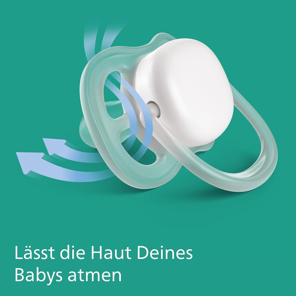 Sucettes Philips AVENT ultra air - pack de 4 sucettes respirantes sans BPA pour bébés de 0 à 6 mois, comprenant étui de transport et stérilisation, couleur soleil/arc-en-ciel (modèle SCF085/65)