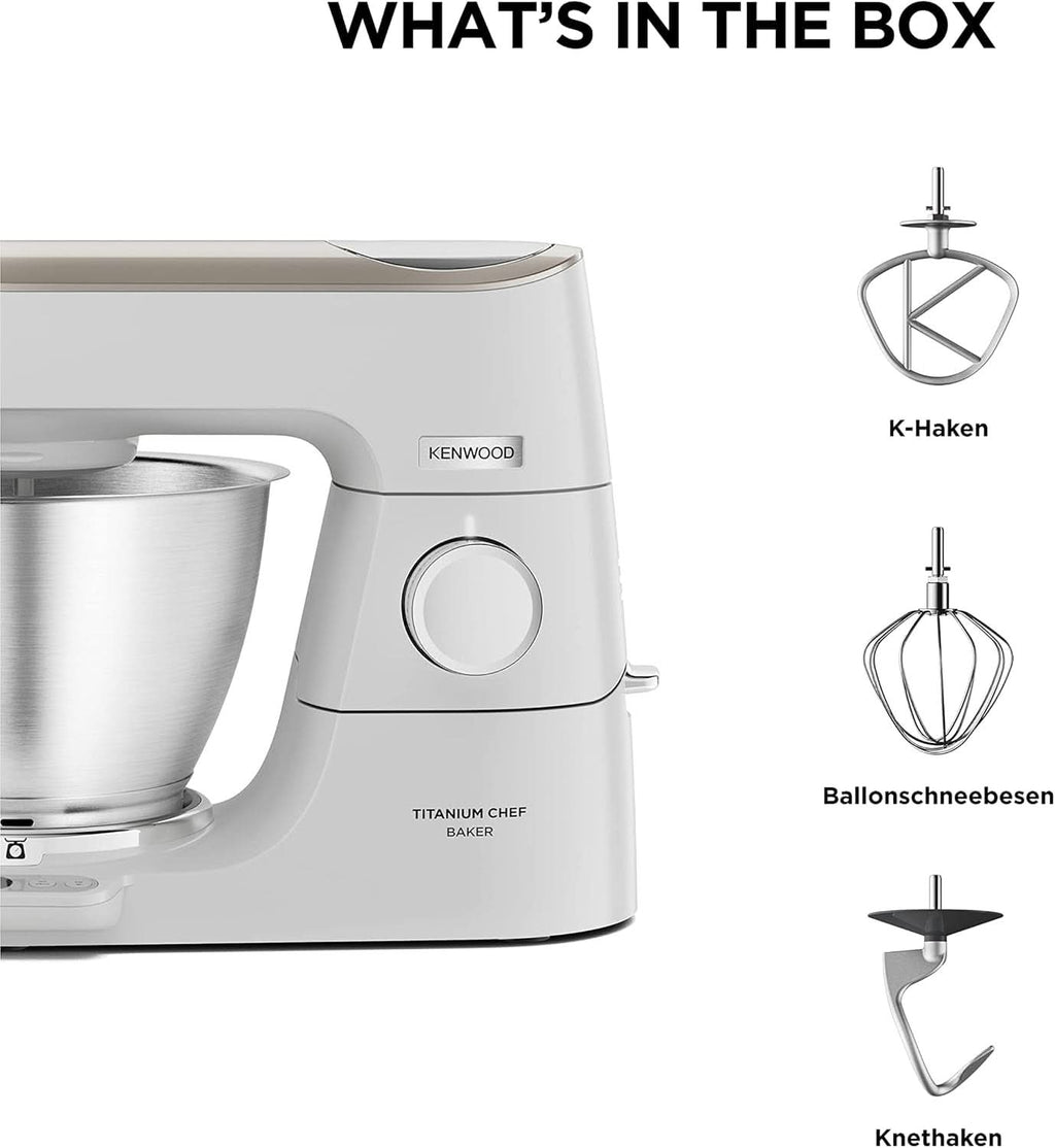 Kenwood Titanium Chef Baker KVC65.001WH, Küchenmaschine Mit Integrierter Waage, 1200 Watt, Inkl. 3-Teiligem Patisserie-Set, Spatel & Spritzschutz, Weiß Mama si Copilul Naty Shop