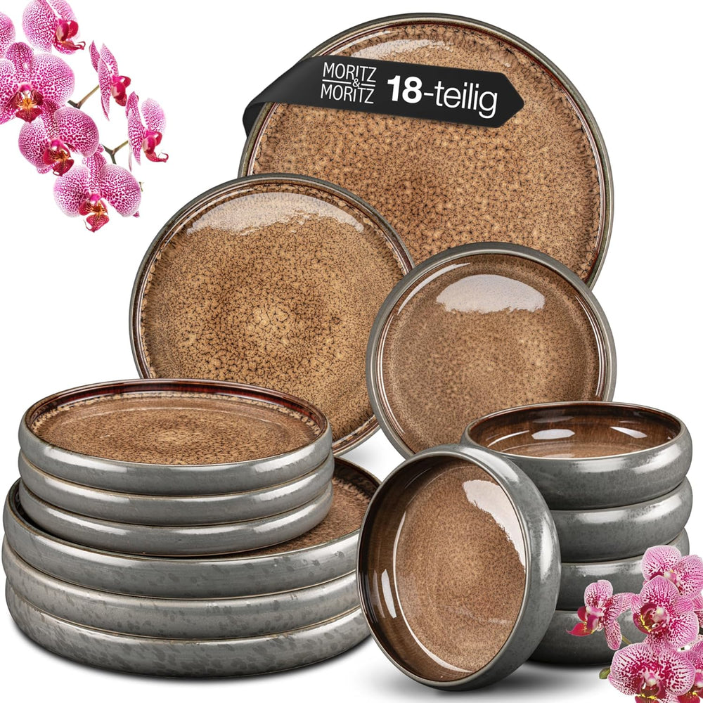 Moritz & Moritz SOLID Service de table en grès 18 pièces pour 6 personnes - Service de table pour 6 personnes, composé de 6 assiettes plates, 6 assiettes à dessert et 6 assiettes plates