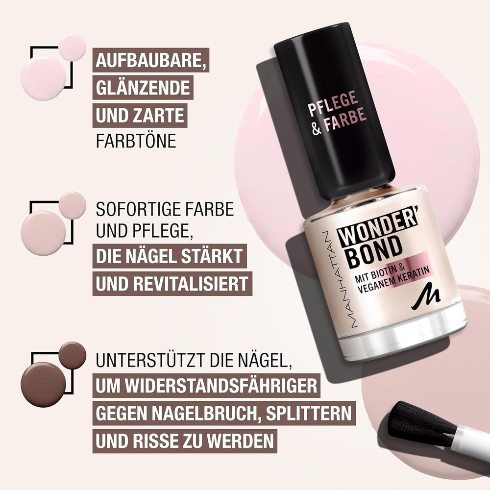 Oja MANHATTAN Wonder'Bond Color & Care, vegană și fără cruzime, formulă modulabilă cu biotină și keratină vegană, ușor de aplicat, nuanța 003 Slip Dress, 12 ml