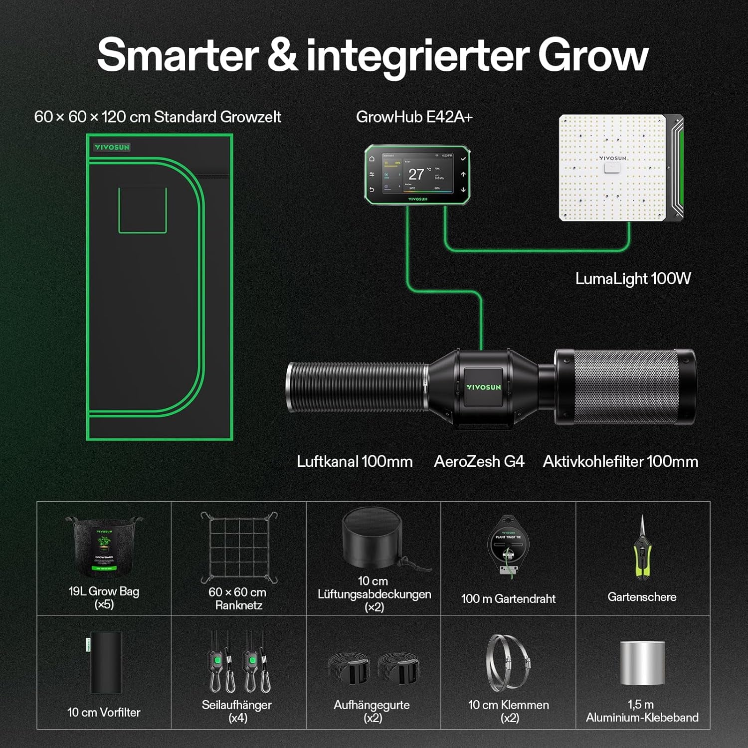 VIVOSUN Smart Grow Tent Full Set 60x60x120cm, système de culture automatique WiFi intégré avec lumière LED à spectre complet de 100 W et système de ventilation efficace avec contrôleur GrowHub E42A+