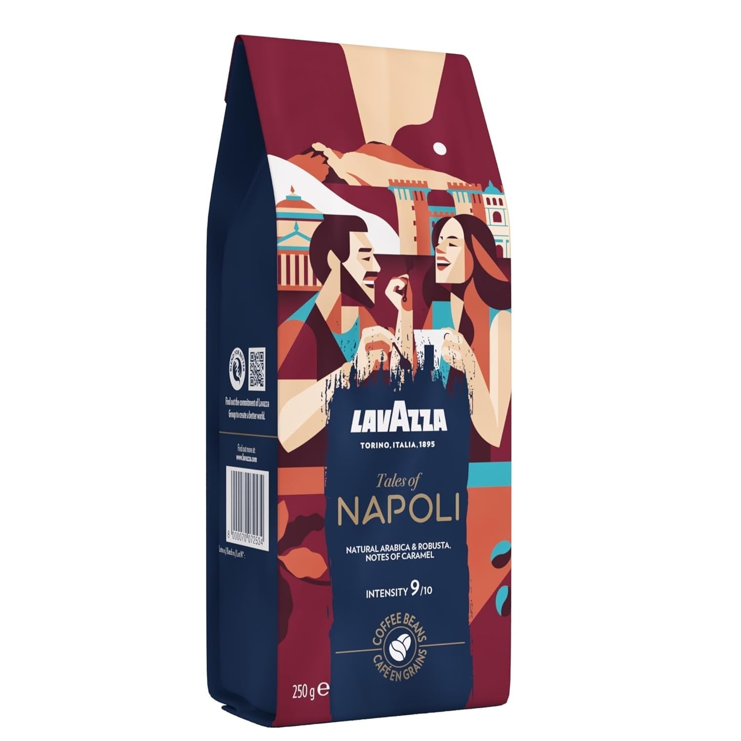 Lavazza, Tales of Roma, boabe de cafea, ideale pentru mașinile de cafea Espresso, cu note de aromă de alune și ciocolată neagră, Arabica și Robusta, 250 grame Cafea Naty Shop 250 grame Napoli