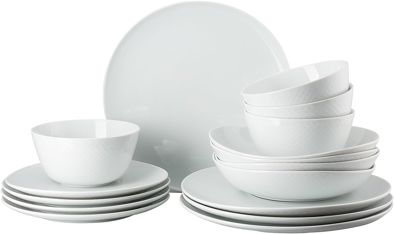 Rosenthal Junto White service de table, porcelaine, blanc, assiettes plates, assiettes plates Ø 22 cm, assiettes plates Ø 21,5 cm et bols à céréales Ø 14 cm, 0,62 l, lavable au lave-vaisselle et au micro-ondes, set pour 4