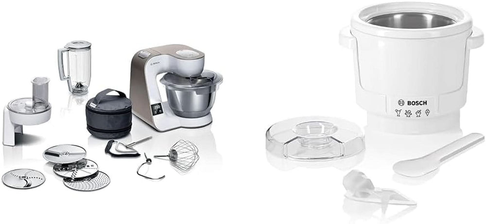 Robot culinaire Bosch Série 4 MUM5X720, balance intégrée, bol inox 3,9L, mixeur 1,25L, 1000W Accessoires Alimentation et Allaitement Bebe Naty Shop Pack avec machine à glaçons Champagne Blanc 2 accessoires