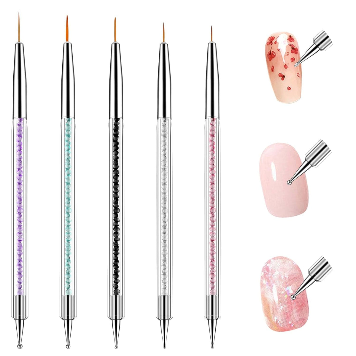 5 pièces Nail Art Pinsel Set Dotting Tool Nailart Pinsel Nageldesign Double End Dotting Pen Strass Professional Acryl Feinmalerei Nail Art Design