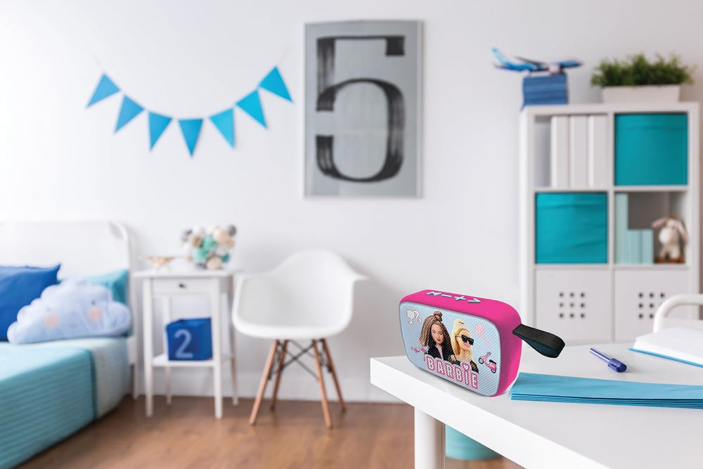 Lexibook Mattel Barbie - Enceinte Bluetooth portable, câbles, USB-C, carte SD/TF, haut-parleur Bluetooth, bleu/rosa, BT018BB