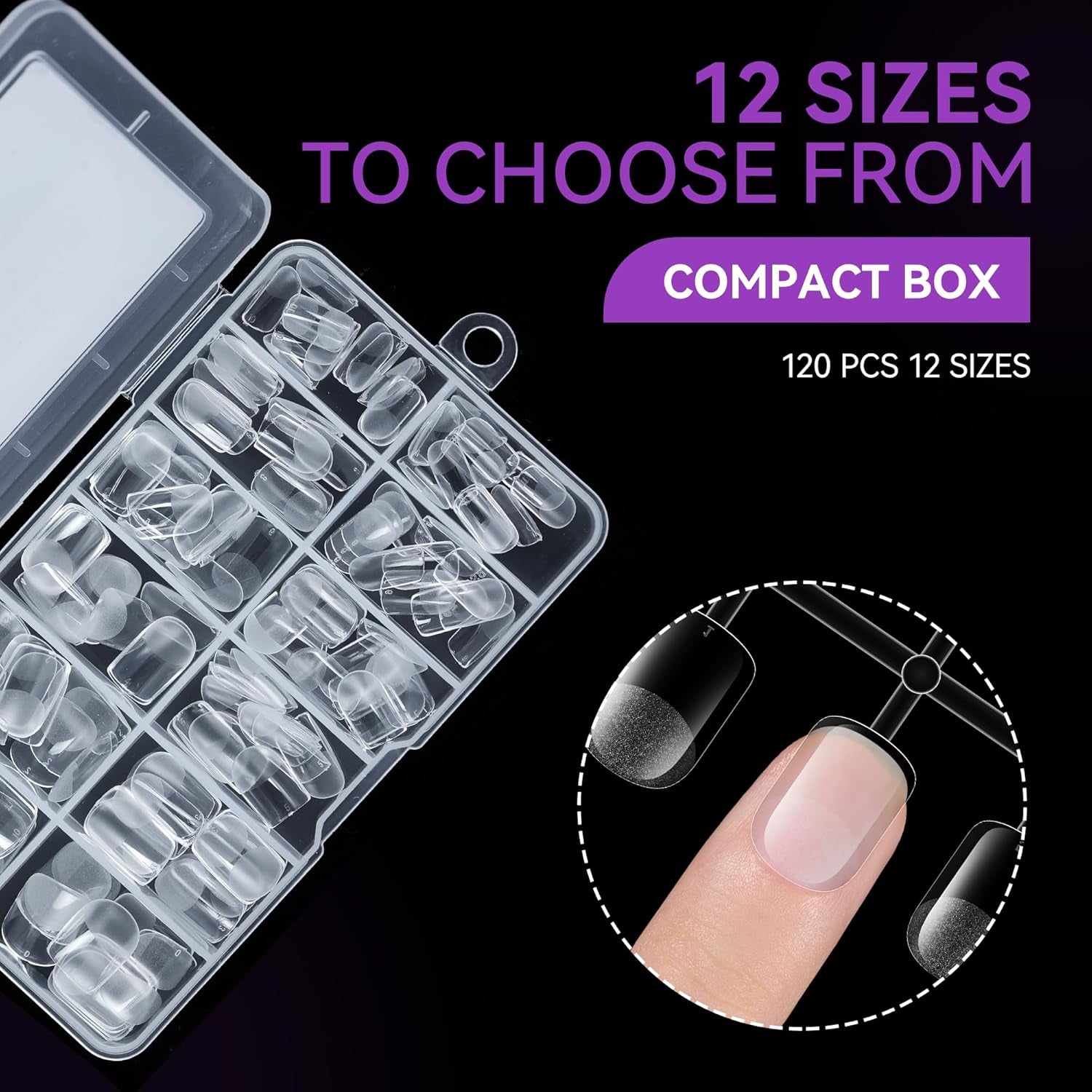 Gelike EC Lot de 120 faux ongles carrés extra courts en résine PMMA pré-polie pour femme, salon, 12 tailles