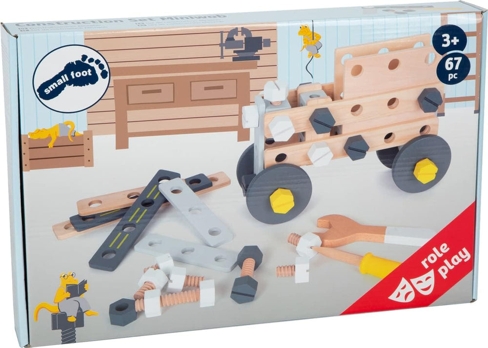 Small Foot Ensemble de construction Miniwob en bois, construction créative avec outils et accessoires, à partir de 3 ans, 11810, gris jaune