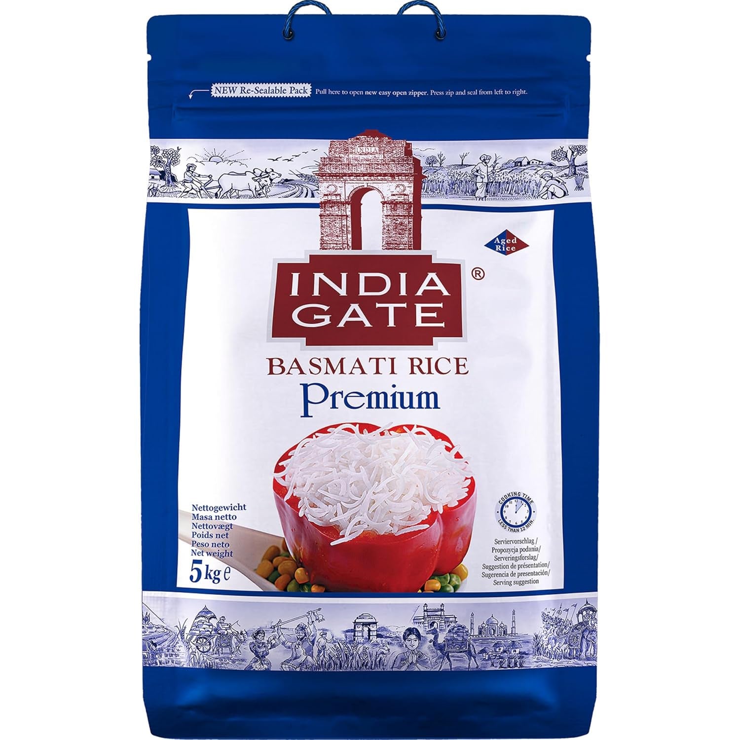 INDIA GATE Premium Basmati Rice – Riz fin à grains longs, aromatique, d'Inde, à grains longs fins (1 x 5 kg)