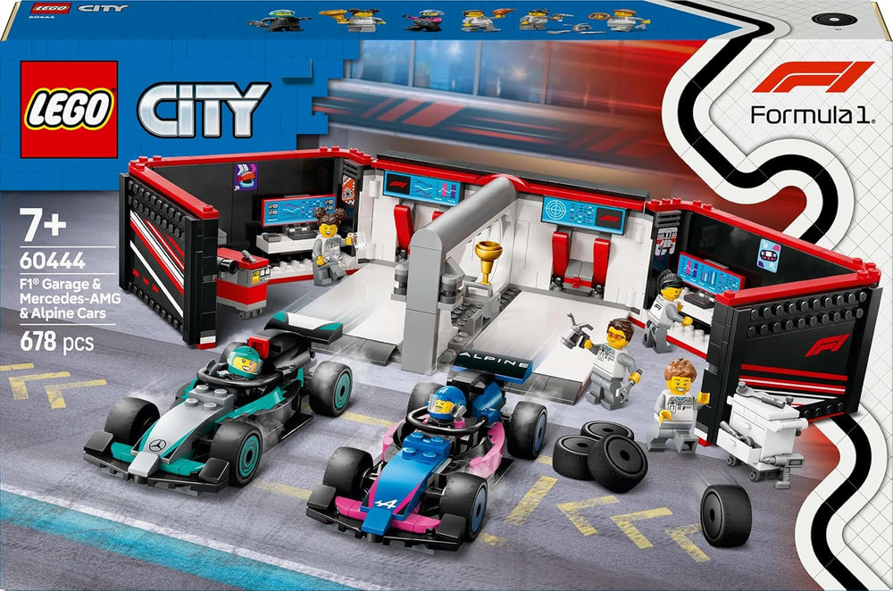 Garage LEGO City F1 avec voitures de course Mercedes-Amg et Alpine - Voiture de course de Formule 1 avec 2 pilotes et 4 figurines mécaniques - Cadeau pour garçons et filles à partir de 7 ans et fans 60444 Besuche den LEGO-Store Building Sets