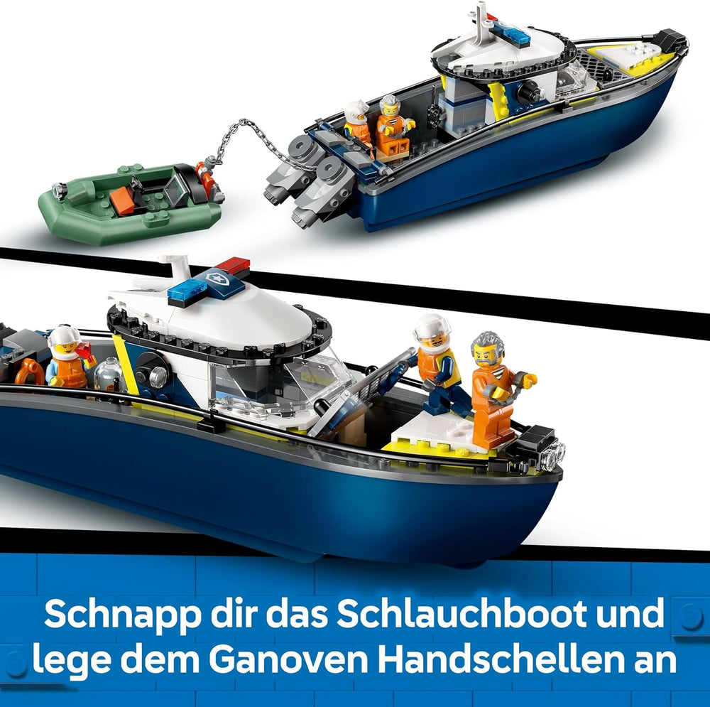 LEGO City Verfolgungsjagd im Polizeiboot – Spielset mit schwimmfähigem Schnellboot, Schlauchboot des Ganoven, 3 Mini-Figuren und Einer Haifigur – Geschenk für Jungen und Mädchen ab 6 Jahren – 60456