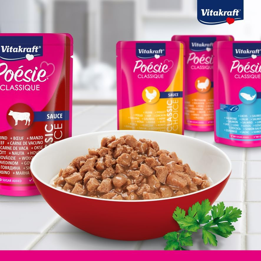 Vitakraft Poésie Classique, nourriture humide pour chat, nourriture pour chat en sauce, au poulet, à la dinde, au bœuf, au saumon, sans sucre ajouté et céréales (1 paquet de 12 x 85g)