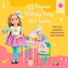 Glitter Girls - GG Surprise Birthday Party Set & Sashka - Bewegliche 36cm Puppe Sashka - Überraschungs-Geburtstagsparty-Set - Tisch & Stühle Möbel - 3 ans +