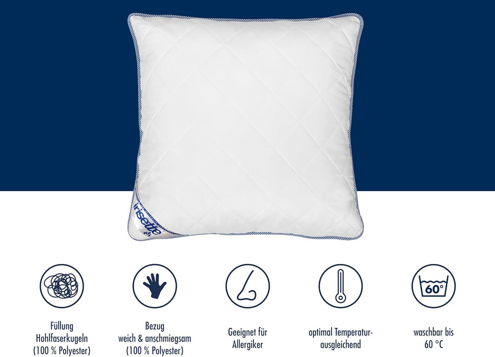 Oreiller contour du corps Irisette 80X80 Cm avec housse amovible en microfibre douce, lavable jusqu'à 60°C, blanc/bleu, certifié Oeko-Tex, produit selon la norme de qualité allemande Oreillers standard Naty Shop