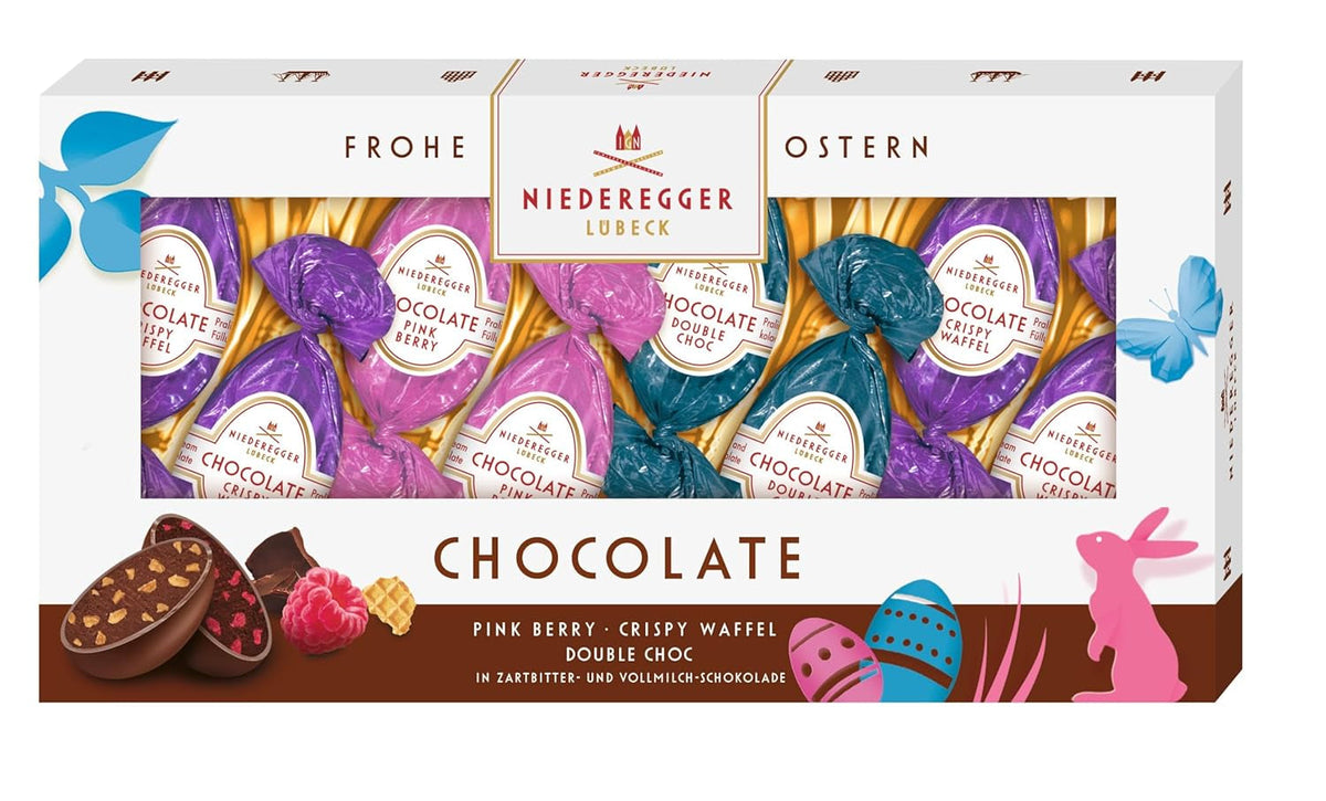 Niederegger | Ouă de ciocolată | 1 x 100g | Ouă de ciocolată cu arome de fructe de pădure roz, napolitană crocantă și ciocolată dublă | Învelite în ciocolată neagră și cu lapte | Cadou de Paște | Ouă de ciocolată