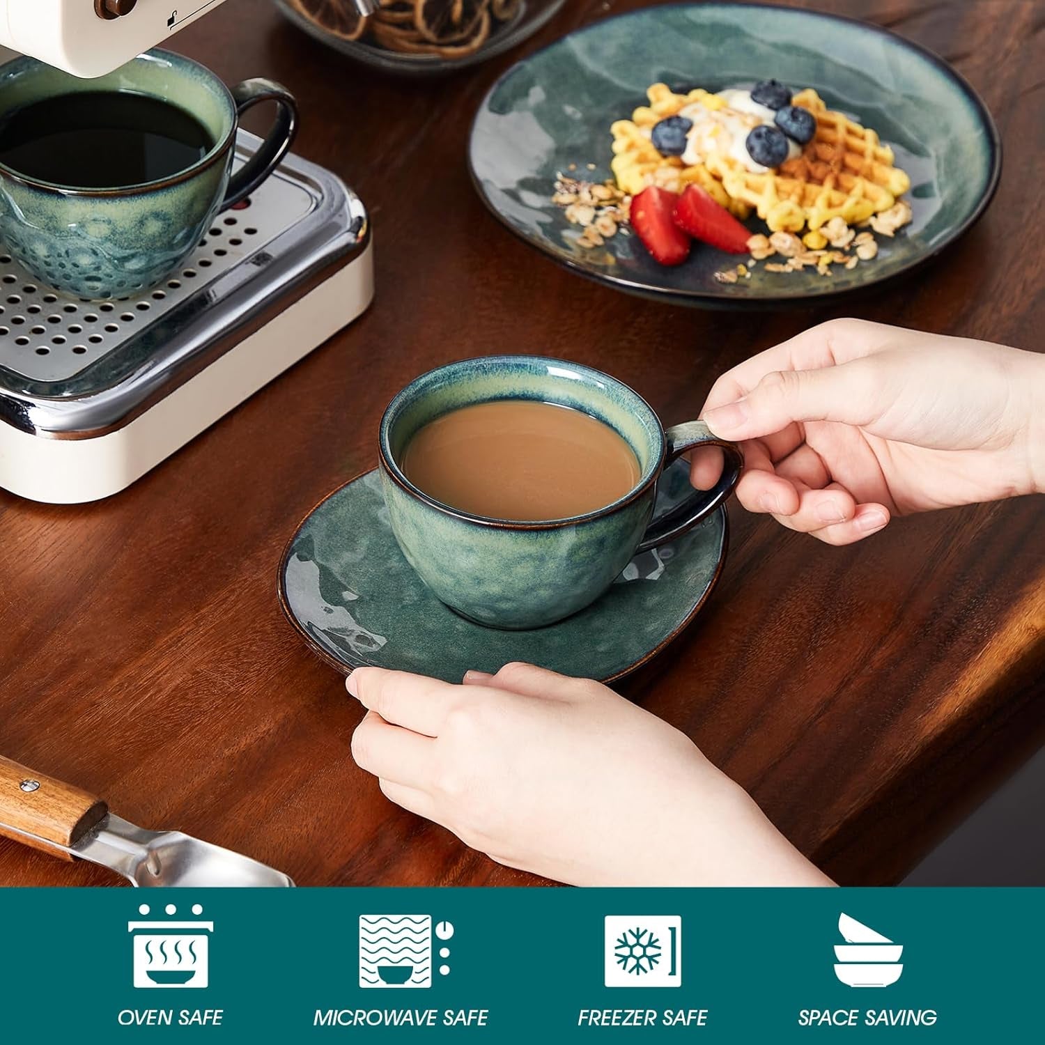 Service à café en grès Vancasso STARRY, service à café 12 pièces pour 4 personnes, comprenant des tasses à café et des soucoupes, look vintage