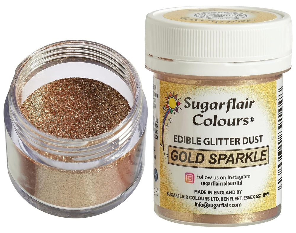 Sugarflair Colorant alimentaire comestible avec paillettes dorées – Poudre brillante de qualité alimentaire pour gâteaux, muffins, chocolat, pâtisseries, desserts, glaces, boissons, cocktails et plus encore – 10 g