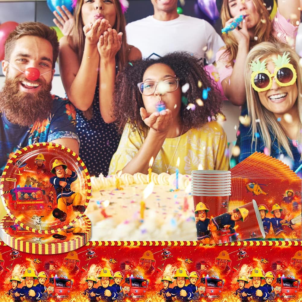 Ensemble de vaisselle de fête à thème pompier, décorations de fête d'anniversaire de pompier, 61 pièces pour 20 invités