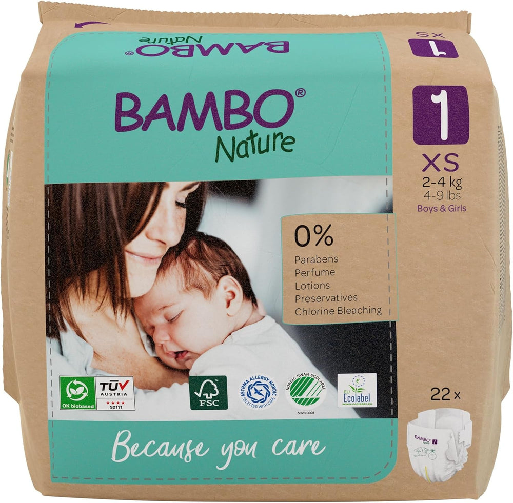 Scutece Bambo Nature pentru bebeluși, mărimea 1 (2-4 kg), cutie lunară de 132 bucăți | Scutece premium cu protecție îmbunătățită împotriva scurgerilor | Confort și libertate supreme pentru nou-născuți | Scutece testate dermatologic