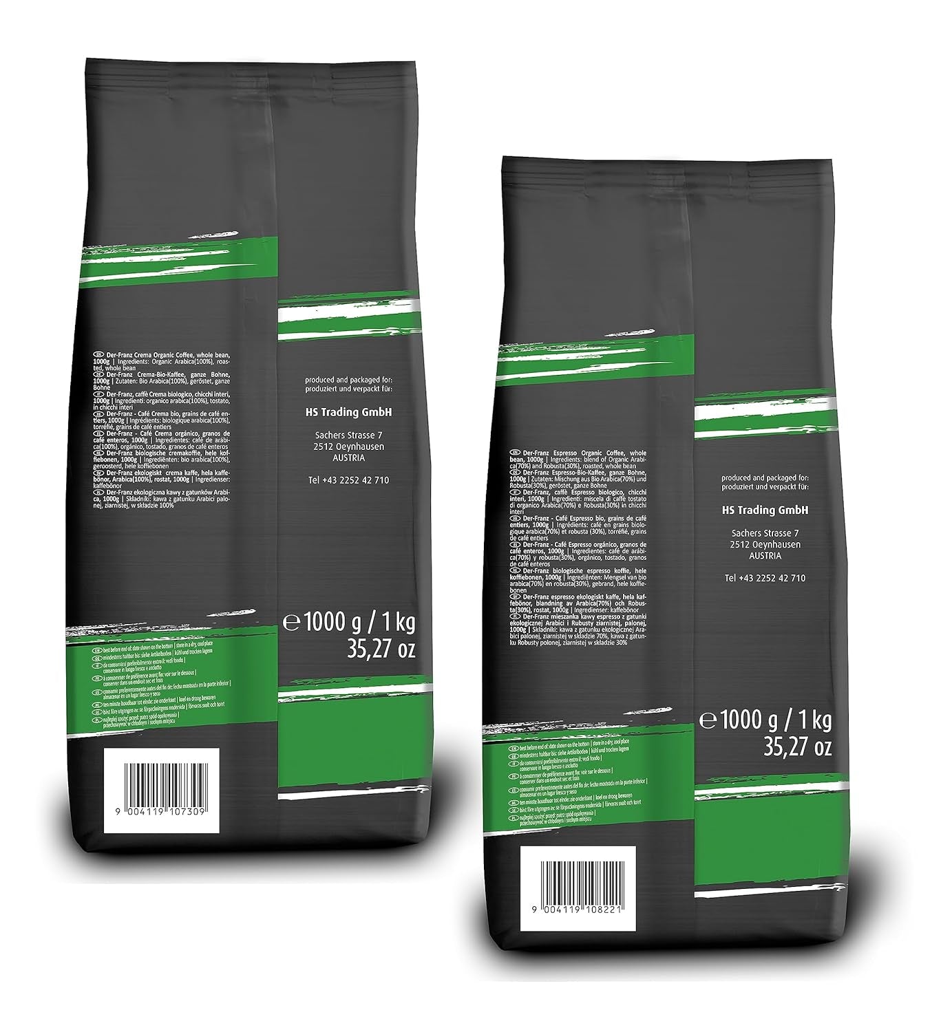 Paquet de café biologique Der-Franz : 1x crème biologique, 1x expresso biologique, grains entiers, 2 x 1000 g