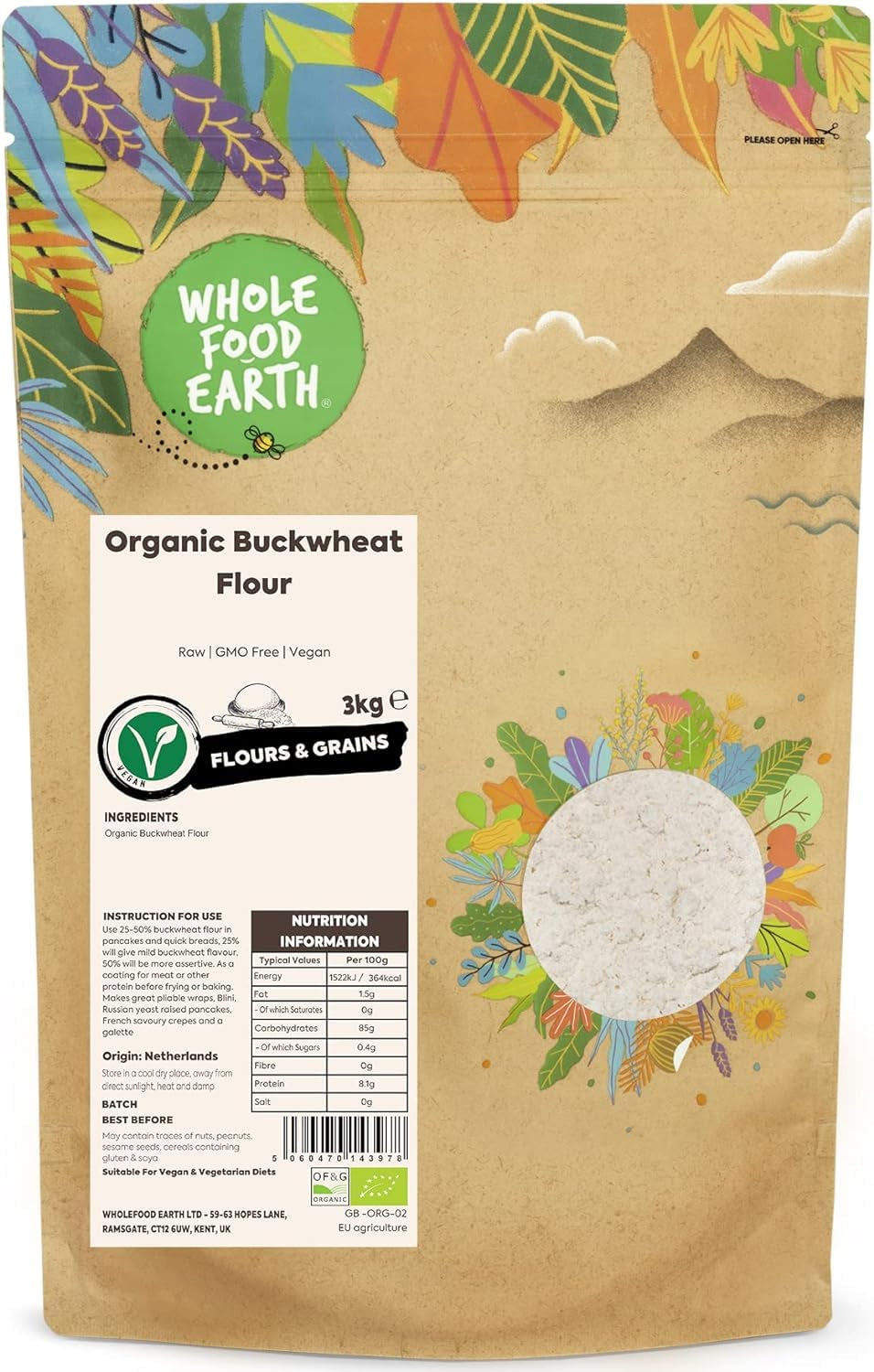 Farine de sarrasin biologique Wholefood Earth 1kg | Cruel | Sans OGM | Végétalien | Certifié biologique