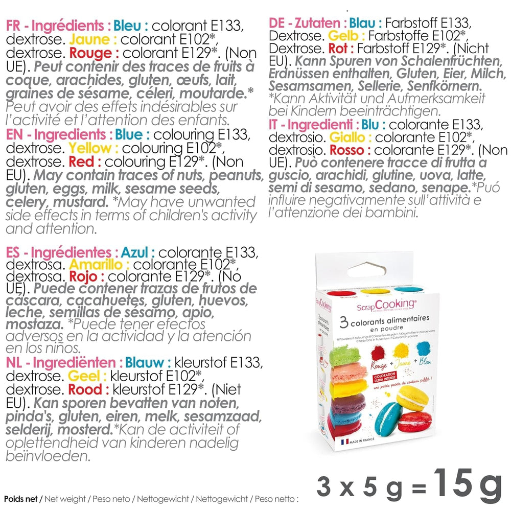 Scrapcooking - Lot de 3 Colorants Alimentaires en Poudre - Rouge Jaune Bleu - Colorant Alimentaire pour Pâtisserie, Gâteaux, Biscuits, Pâte, Fondant, Rainbow Cake - 4011