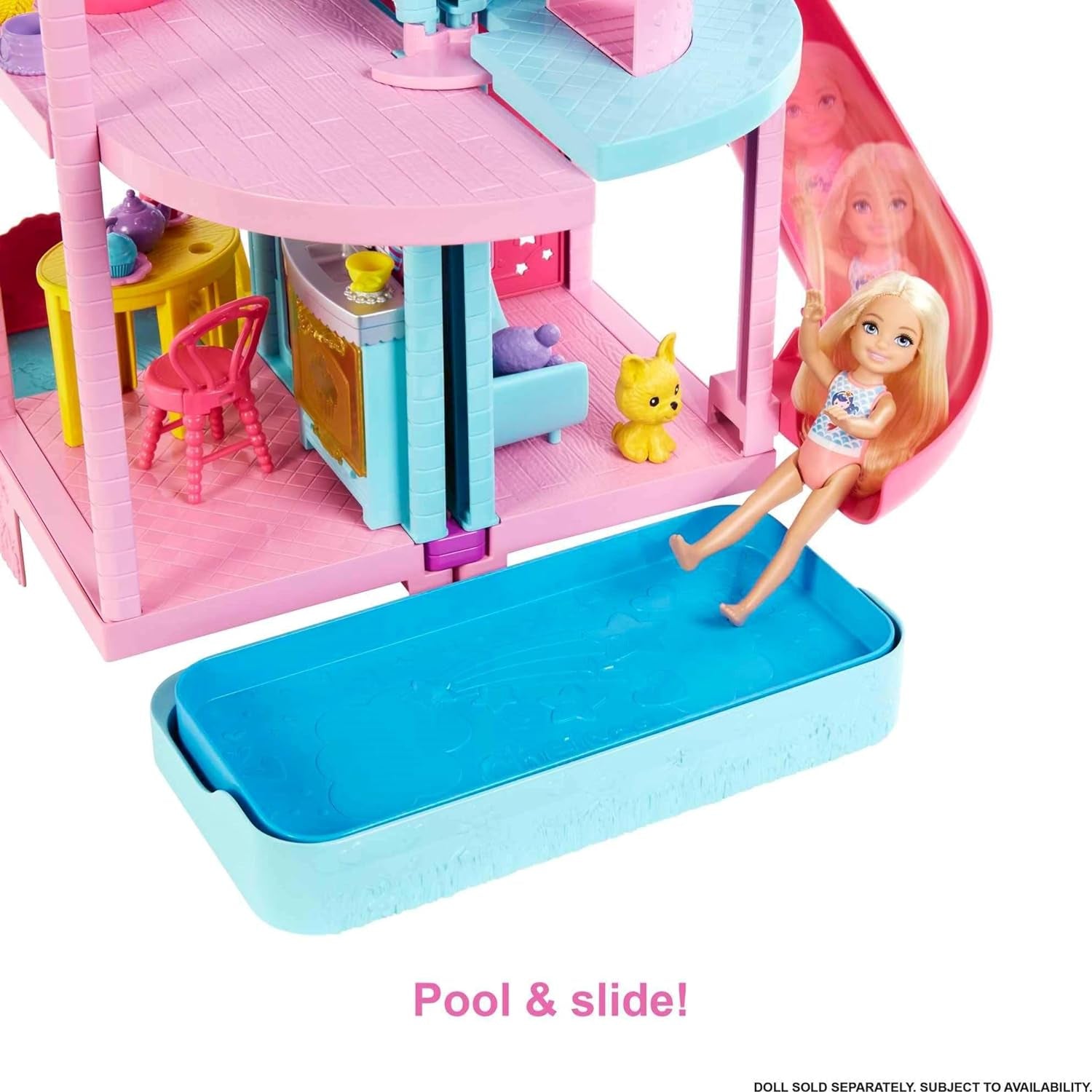 Barbie Chelsea Playhouse - 3 étages transformables, aires de jeux secrètes, ascenseur, piscine, toboggan, 2 animaux et plus de 20 accessoires, à partir de 3 ans, HHX44