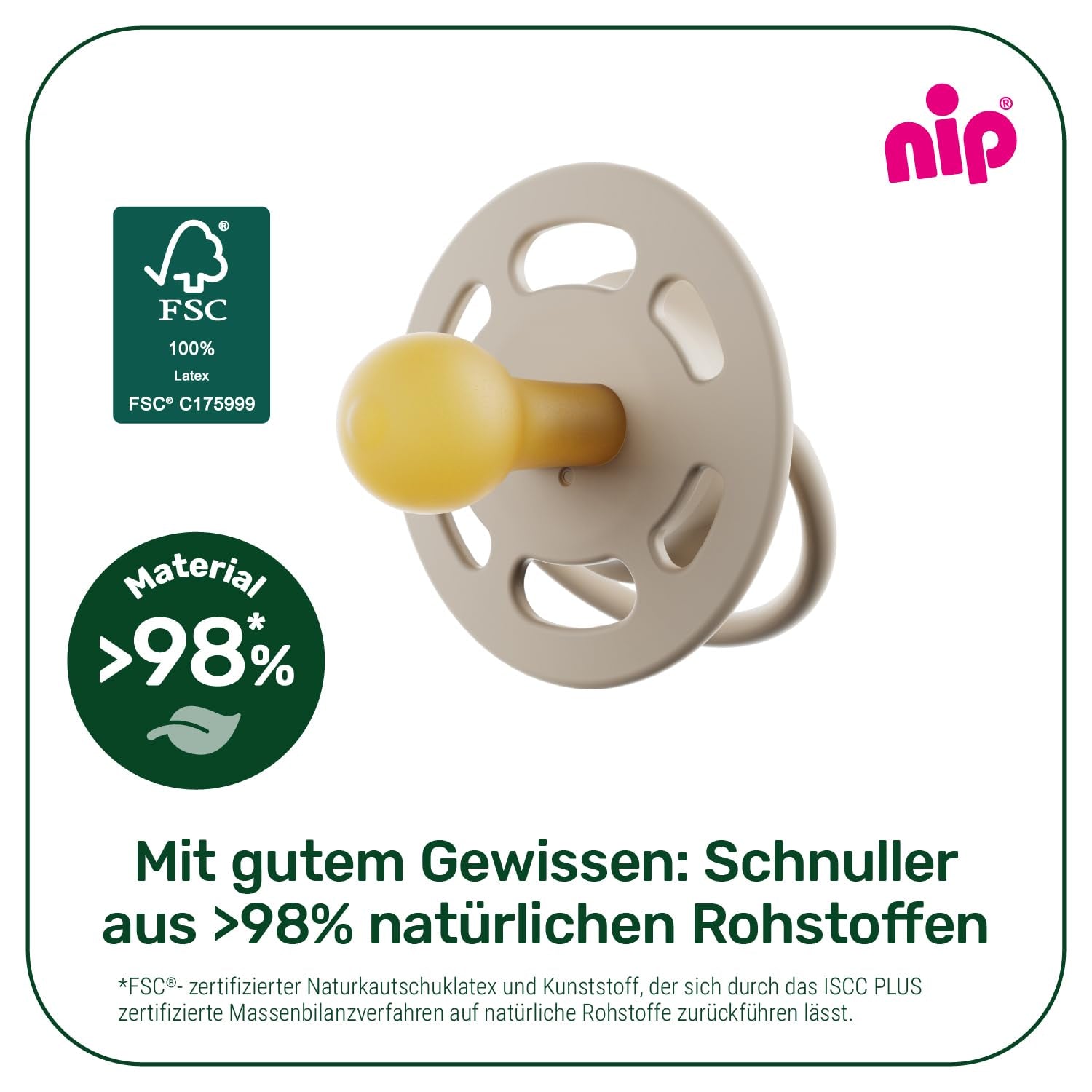 pincement - Vert Cerise | 0-6 mois | Paquet de 4 | Sucette pour bébé, adaptée à l'allaitement et à la dentition. Sucette durable, fabriquée à partir de matières premières naturelles, vert clair/marron