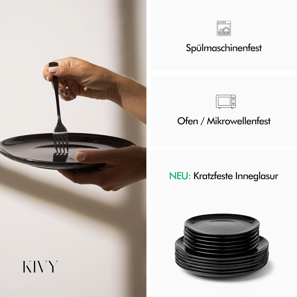 KIVY Geschirrset 6 Personen[Kratz & Spülmaschinenfest] 6x27cm + 6x22cm - Teller Set 12-teilig modern - Geschirr Set - Kombiservice - Geschirrset - Teller Set Schwarz - Teller Schwarz Matt