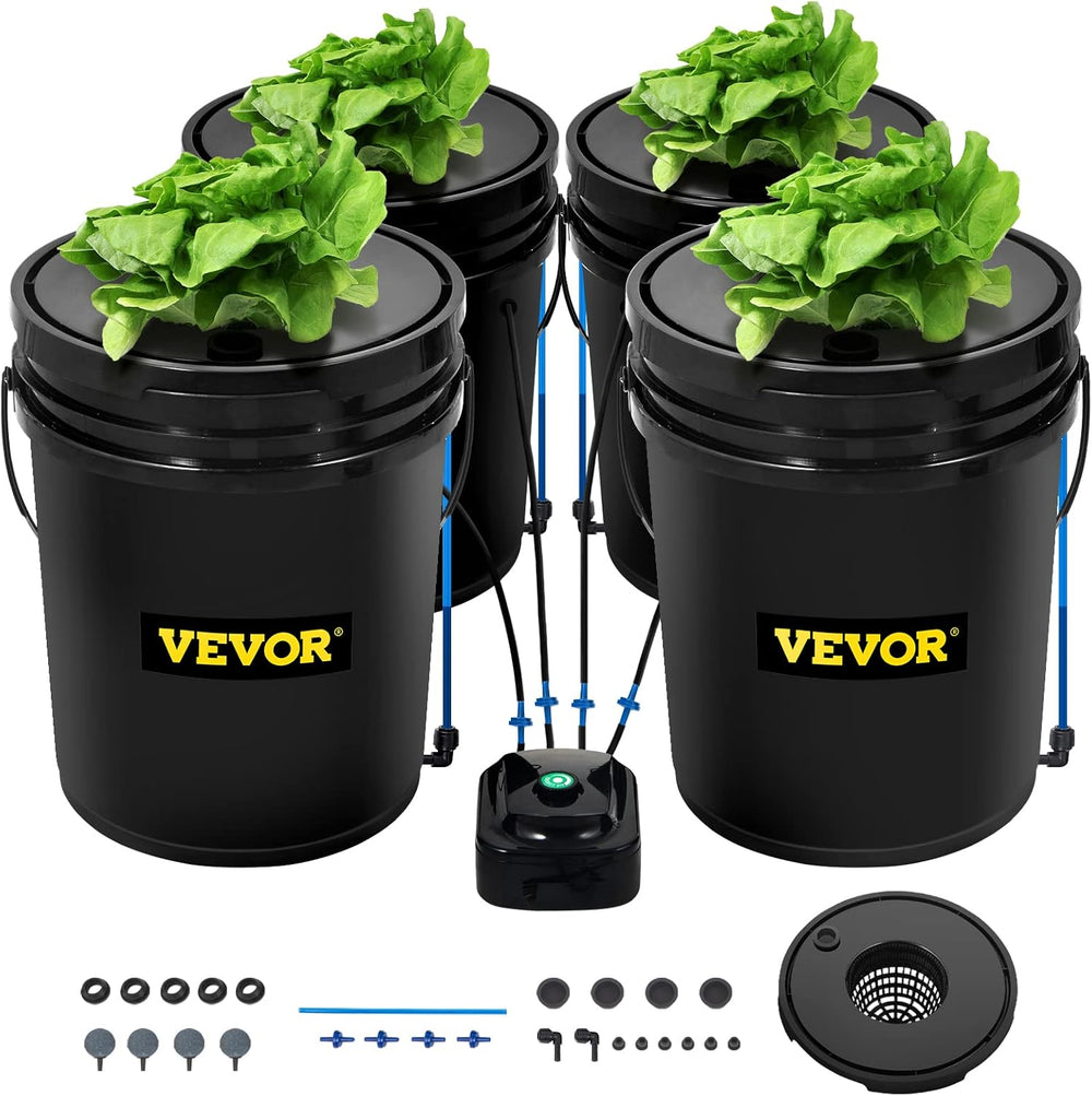 VEVOR DWC Système de culture hydroponique Kit de pot d'égouttement Systèmes de culture hydroponique Culture en eau profonde 4 seaux de 20 L avec pompe à air Pierres à air et indicateur de niveau d'eau pour légumes à feuilles vertes