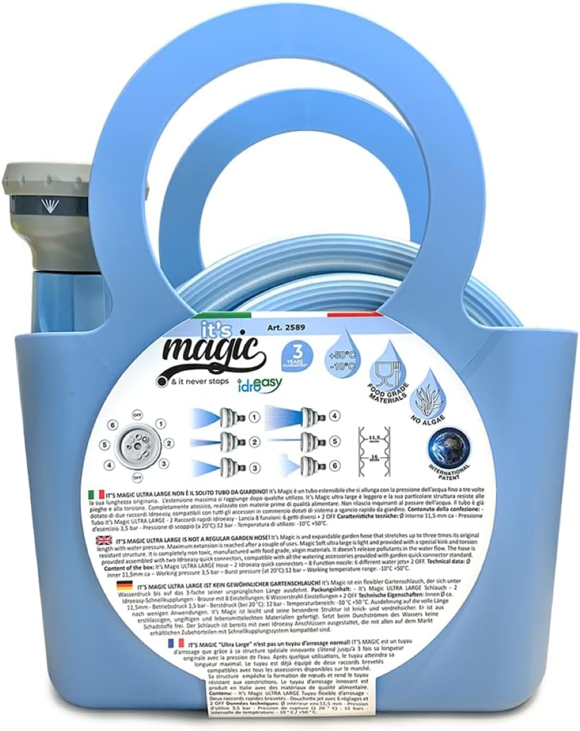 Furtun de grădină Magic Blue, extensibil, de 10 metri, rezistent la noduri și răsucire, cu sac și duză de pulverizare