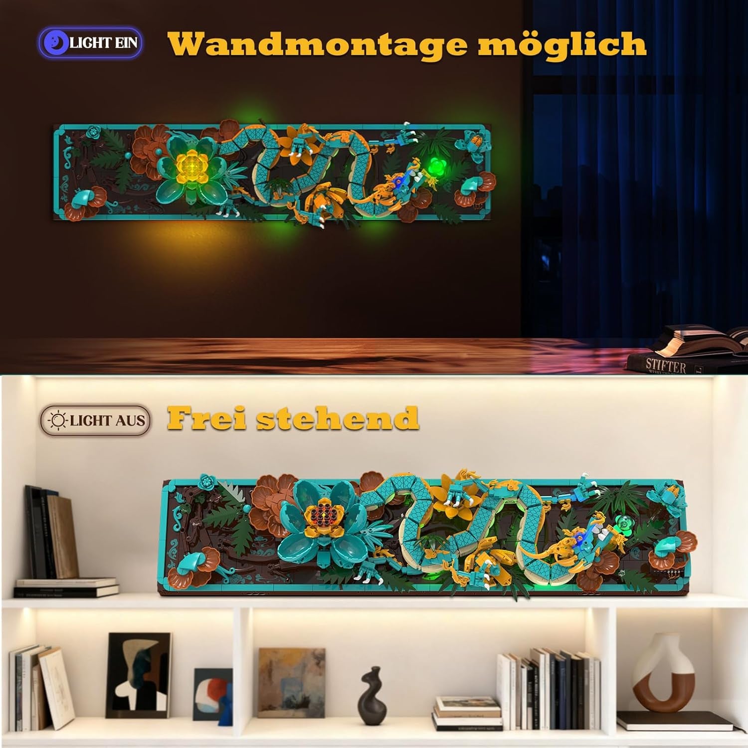 Kit de construction de tuiles de dragon mythique pour adultes, jouet de construction d'art divin Loong 3D avec lumières LED et fleurs, kit de modèle en relief de dragon à faire soi-même, cadeaux et décorations créatifs (1676 pièces)