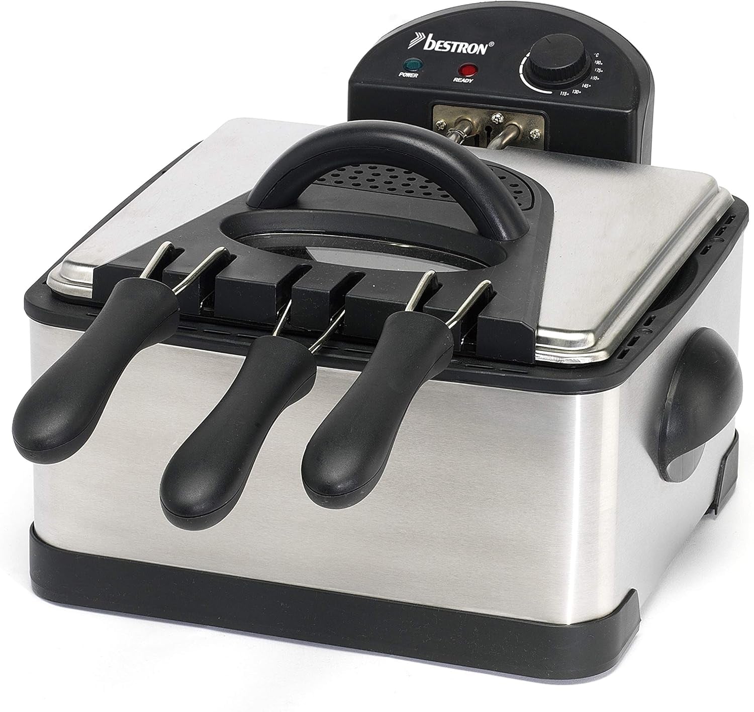 Friteuză cu ulei Bestron XL Cu 3 coșuri de prăjire, Inclusiv tehnologie cu zonă rece și recipient de ulei detașabil, 4 litri, 2000 W Electrocasnice Naty Shop Argintiu