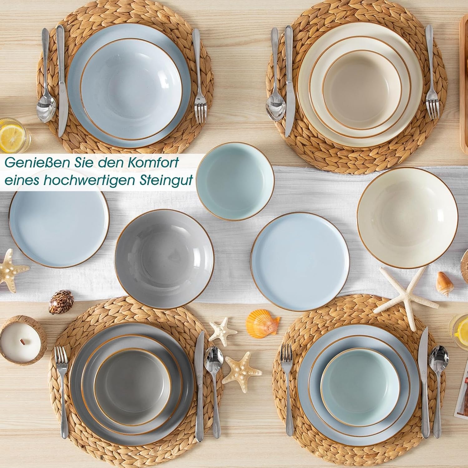 Ensemble de cuisine pour 6 personnes, vancasso RENO 24-tlg Steingut Teller Set Mix, Tafelservice mit je 6 Speiseteller, Dessertteller, Suppenteller, Müslischalen, Spülmaschinenfest & Mikrowellengeeignet, Mehrfarbig