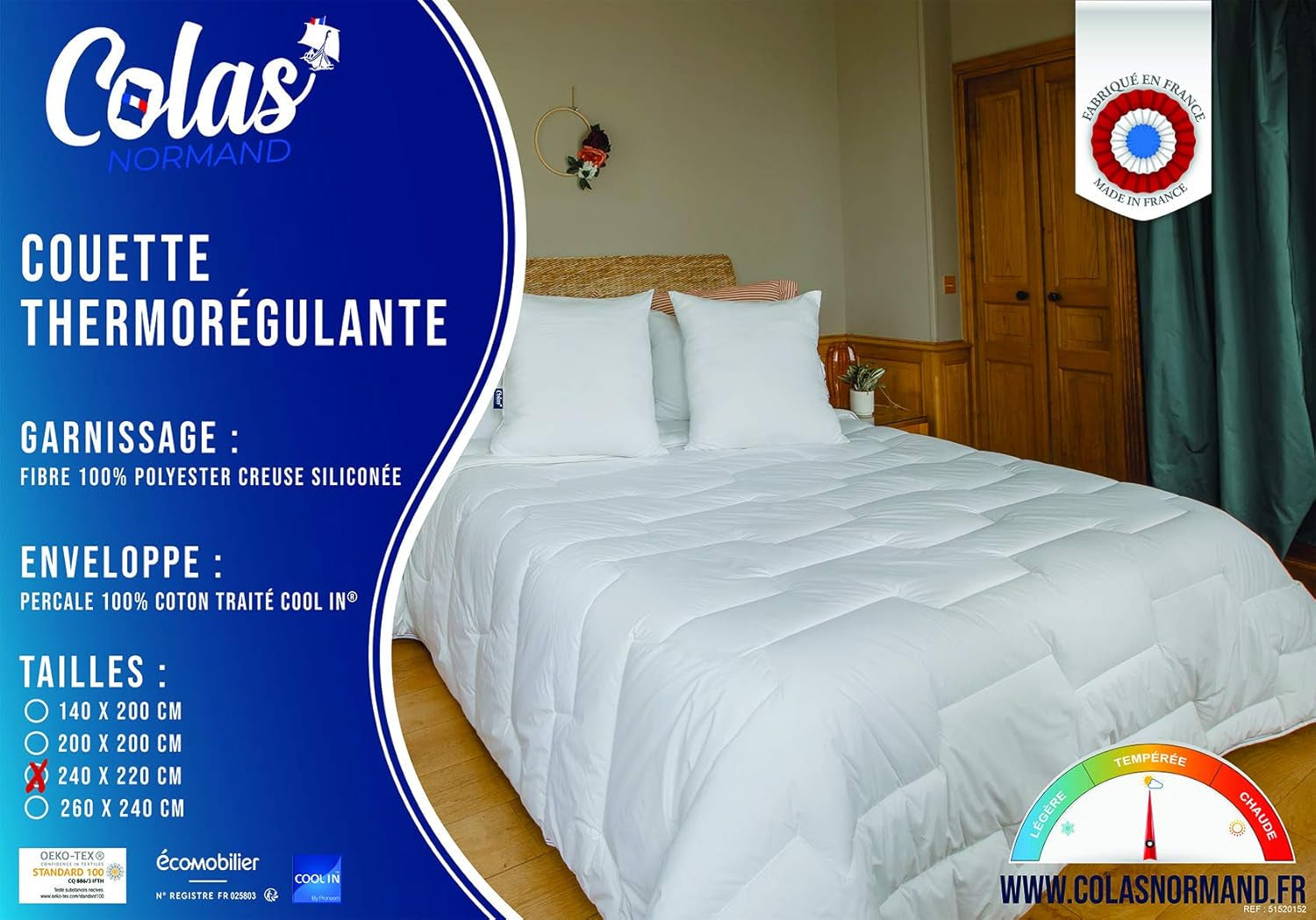 Couette thermorégulatrice, Tempérée, 240 X 220 Cm, Transpiration, Ventilation optimale, 100% coton, Percale, Toucher Fraîcheur, Couettes et couettes françaises Naty Shop