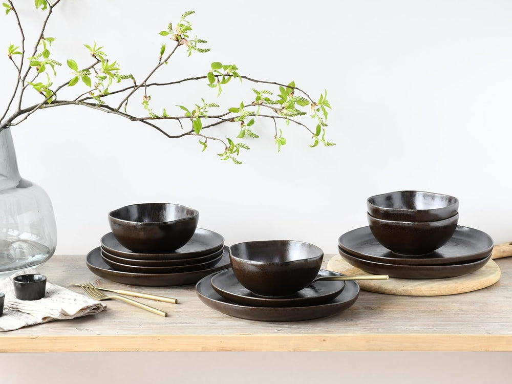 CreaTable, 21249, série Natura Organic RUSTY, service de table 12 pièces pour 4 personnes, service d'assiettes en porcelaine, passe au lave-vaisselle et au micro-ondes, fabriqué en Europe