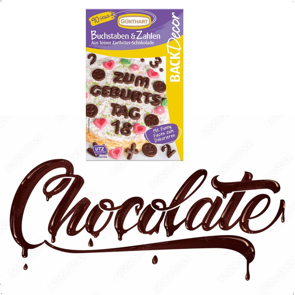 Günthart Backdecor, 90 pièces lettres, alphabet et chiffres en chocolat noir fin, 47 grammes Naty Shop