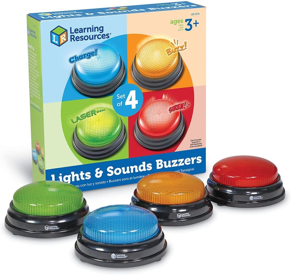 Learning Resources Buzzer lumineux et sonore Jeux éducatifs à partir de 3 ans Jouet de questions pour enfants avec 4 sons différents pour les soirées de jeux et les salles de classe Jouets pour bébés Naty Shop Pas de piles incluses Lot de 4