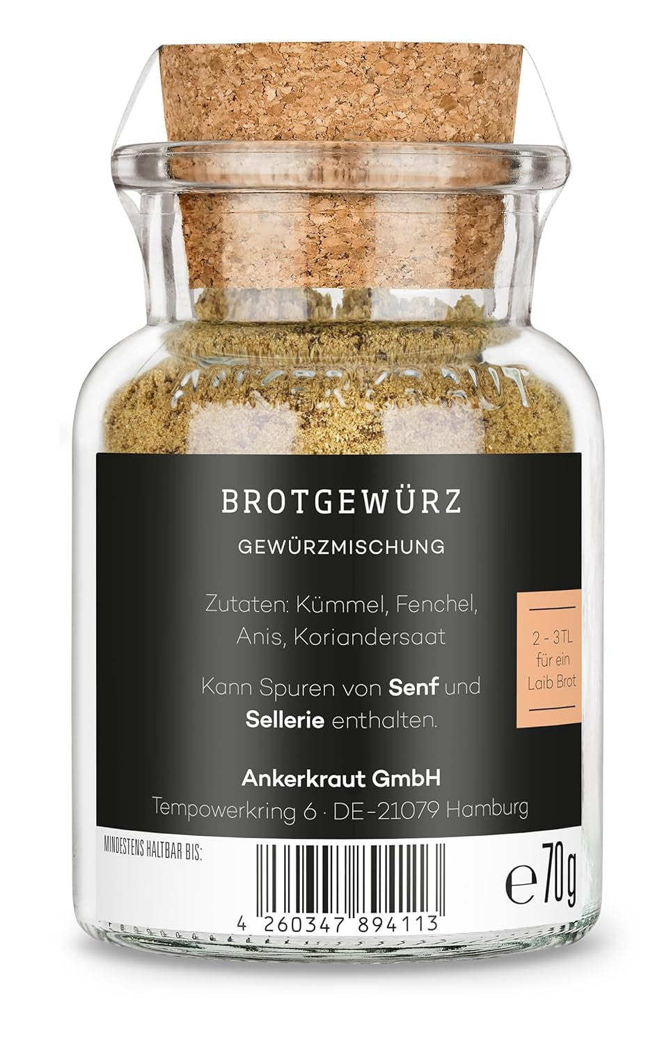 Ankerkraut Landbrot, Gewürzmischung zum selber backen von Brot und Brötchen, Semmeln im Backofen backen, 70 g dans Korkenglas