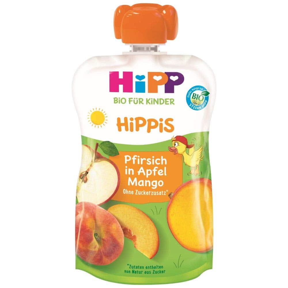 Hipp Super-Hippis squeeze sachets, grenade acérola en pomme-framboise, fruits 100% bio sans sucre ajouté, 6 sachets de 100 g Mère et Enfant Naty Shop 6 x 100 grammes Pêche Pomme Mangue