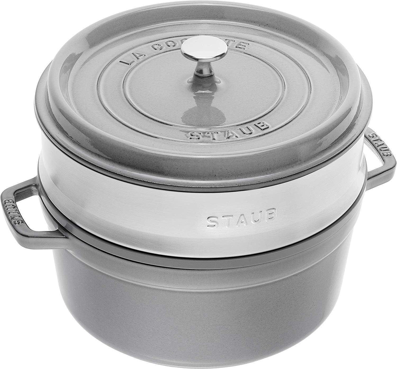 STAUB Gusseisen Bräter/Cocotte, Mit Dämpfeinsatz Aus Edelstahl, Rund 26 Cm, 5.2 L, Aromaregen Funktion Für Optimale Befeuchtung, Für Alle Herdarten Inkl. Induktion & Backofen, Kirschrot, Rot Moules et plaques à pâtisserie Naty Shop Graphitgrau