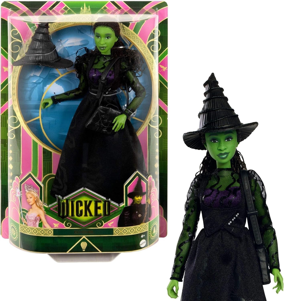 Mattel Wicked Elphaba Poupée mannequin et accessoires avec peau verte, cheveux tressés noirs, différentes poses possibles et apparence de robe de bal extensible, HXT62, [multicolore] Naty Shop Dolls Titre par défaut