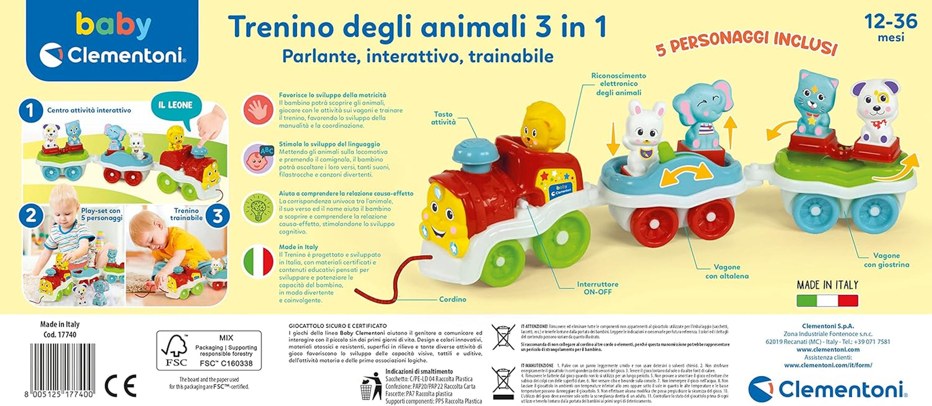 Clementoni Animali-3 Jouet Train Électrique Extensible Interactif Parlant pour Bébé de 1 An (Version Italienne) Fabriqué en Italie Multicolore 17740 Jucarii Bebe Naty Shop
