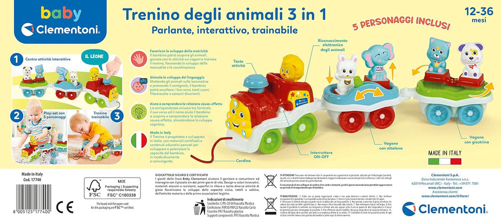 Clementoni Animali-3 Jouet Train Électrique Extensible Interactif Parlant pour Bébé de 1 An (Version Italienne) Fabriqué en Italie Multicolore 17740 Jucarii Bebe Naty Shop