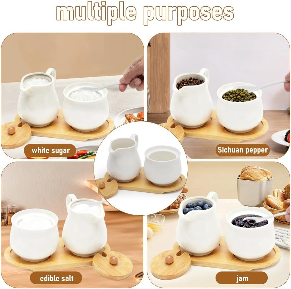 Service à lait et sucre avec couvercle et cuillère, pot à lait en céramique en 5 parties et récipient à sucre avec tablette en bois, récipient à lait et sucre pour cuisine, café, four à micro-ondes et lave-vaisselle (blanc)