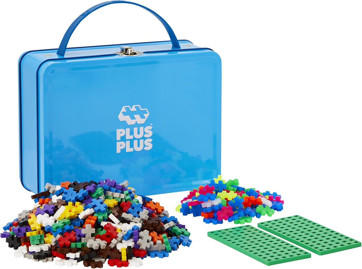 Plus-Plus 9607002 Geniales Konstruktionsspielzeug, Basic, Bausteine-Set in praktischer Metall-Box mit Henkel, 600 Teile, bunt