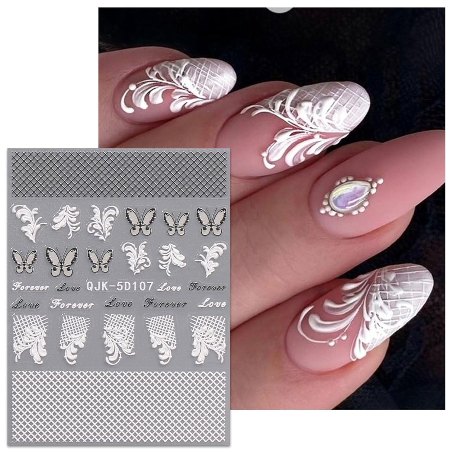 JMEOWIO Autocollants pour ongles 3D Noir Blanc Fleurs Nail Art Autocollants Autocollants pour ongles 5D Stéréoscopiques Fleurs Décoration Nageldesign Zubehör 4 Blatt